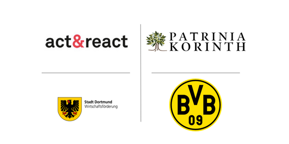 Auszug von 4 Logos der teilnehmenden Gäste der Chill-Out-Sessions (abgebildet sind: act&react, Patrina Korinth, Stadt Dortmund Wirtschaftsförderung, BVB 09)