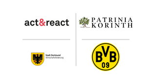Auszug von 4 Logos der teilnehmenden Gäste der Chill-Out-Sessions (abgebildet sind: act&react, Patrina Korinth, Stadt Dortmund Wirtschaftsförderung, BVB 09)