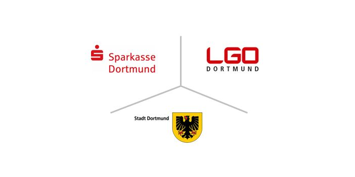 Logos der kooperierenden Organisationen des Seminars "Sportstadt Dortmund" (Sparkasse Dortmund, LGO Dortmund, Stadt Dortmund)