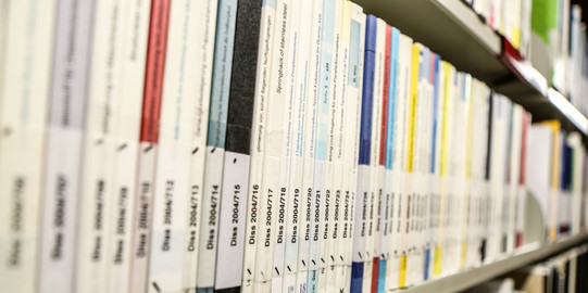Books with the inscription dissertation on a bookshelf in the library.